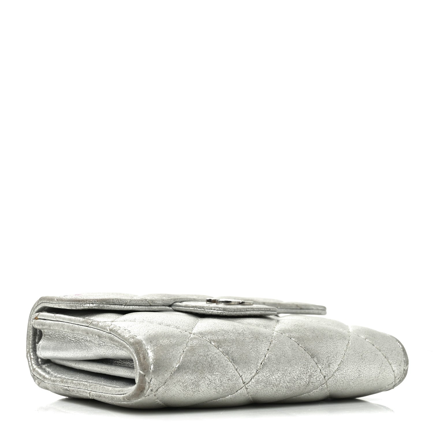 Metallic Lambskin Quilted Flap  Holder Wallet Silver