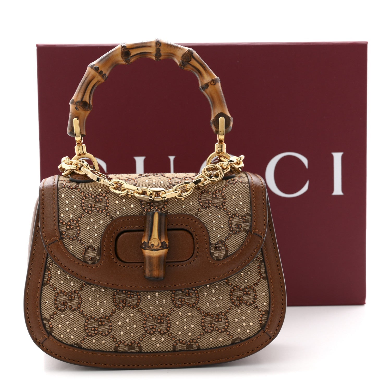 New Canvas Charisma Calfskin Crystal GG Monogram Small Bamboo 1947 Top Handle Bag Camel Ebony