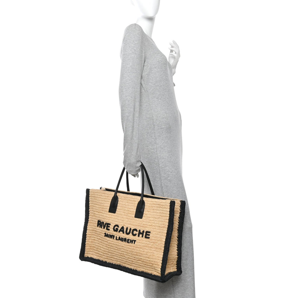Raffia Calfskin Rive Gauche Tote Naturale Black