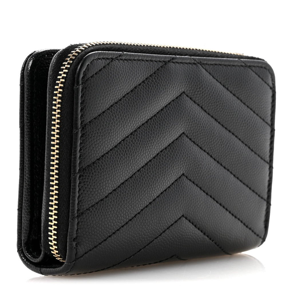 Grain De Poudre Matelasse Chevron Monogram Compact Zip Around Wallet Black