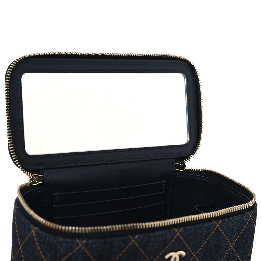 Denim Quilted Vanity Case With Chain Dark Blue