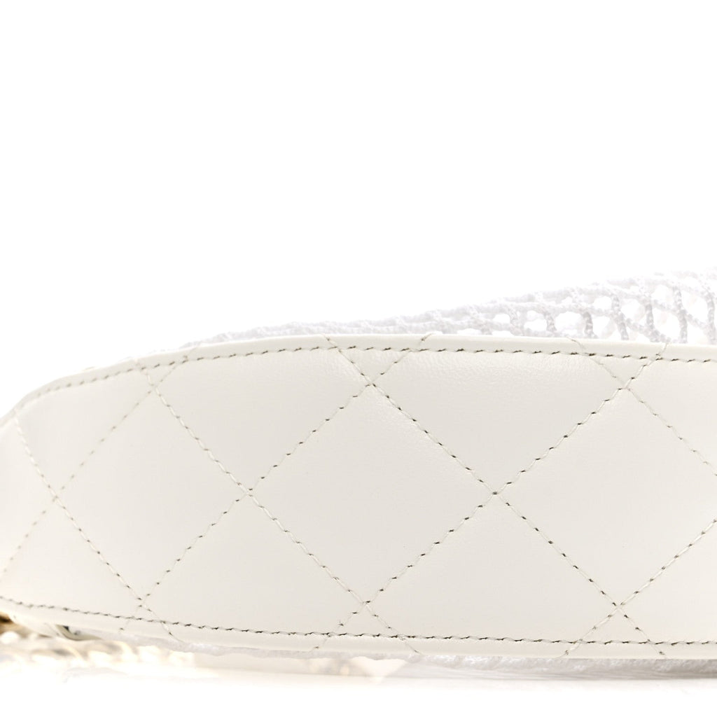 Mesh Shiny Lambskin Chain Hobo White