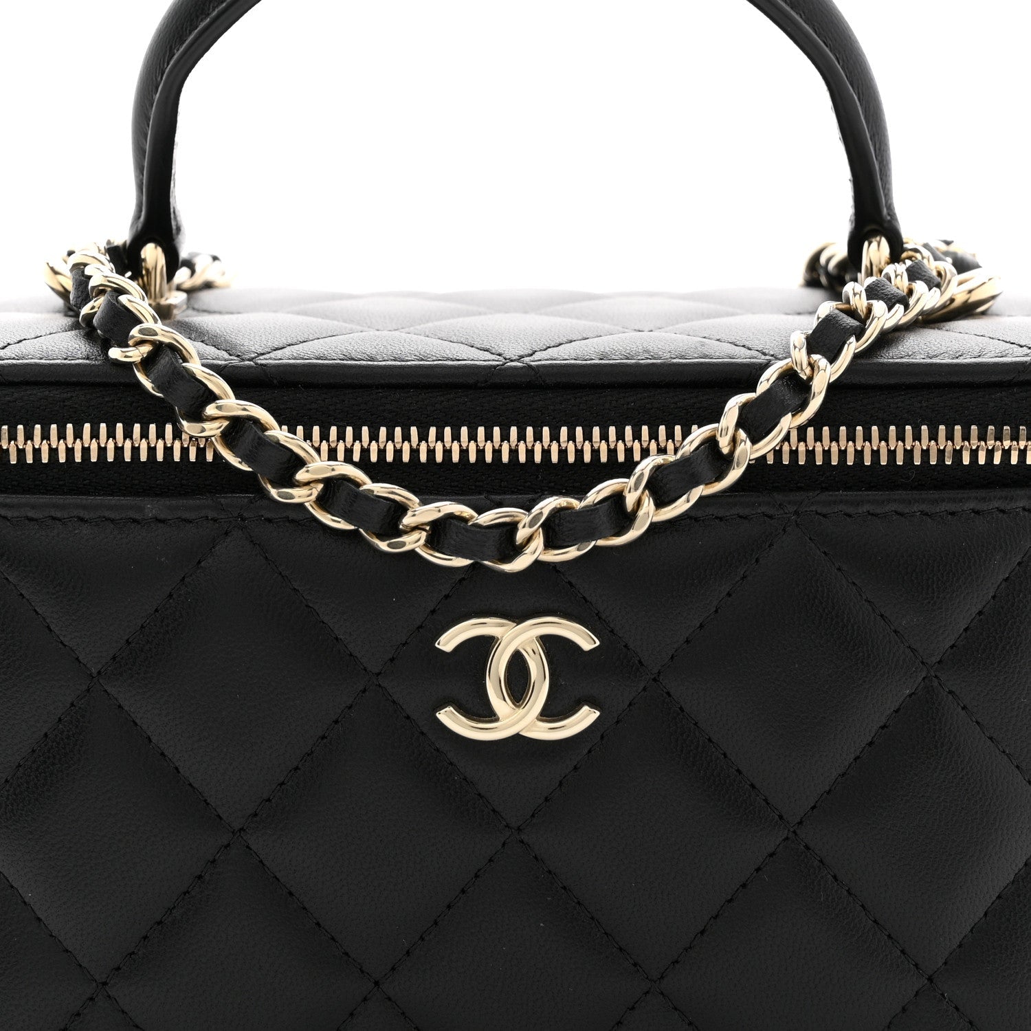 Lambskin Quilted Small Top Handle Vanity Case With Chain Black