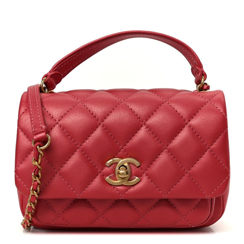 Metallic Calfskin Quilted Top Handle Flap Dark Pink