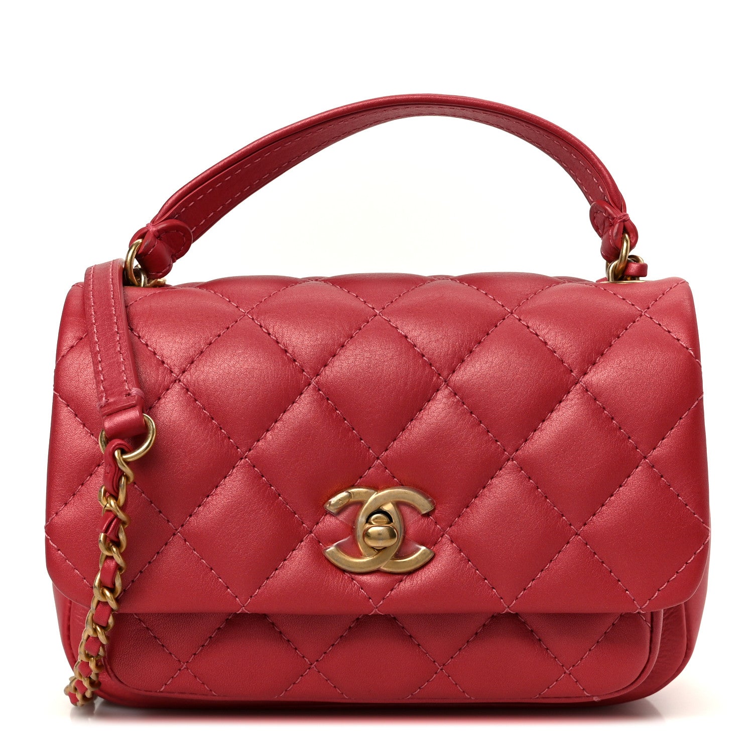 Metallic Calfskin Quilted Top Handle Flap Dark Pink