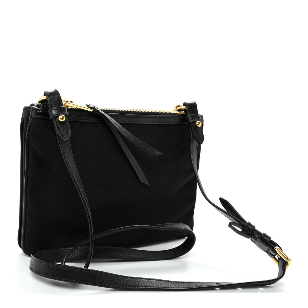 Tessuto Nylon Soft Calf Double Zip Crossbody Bag Black