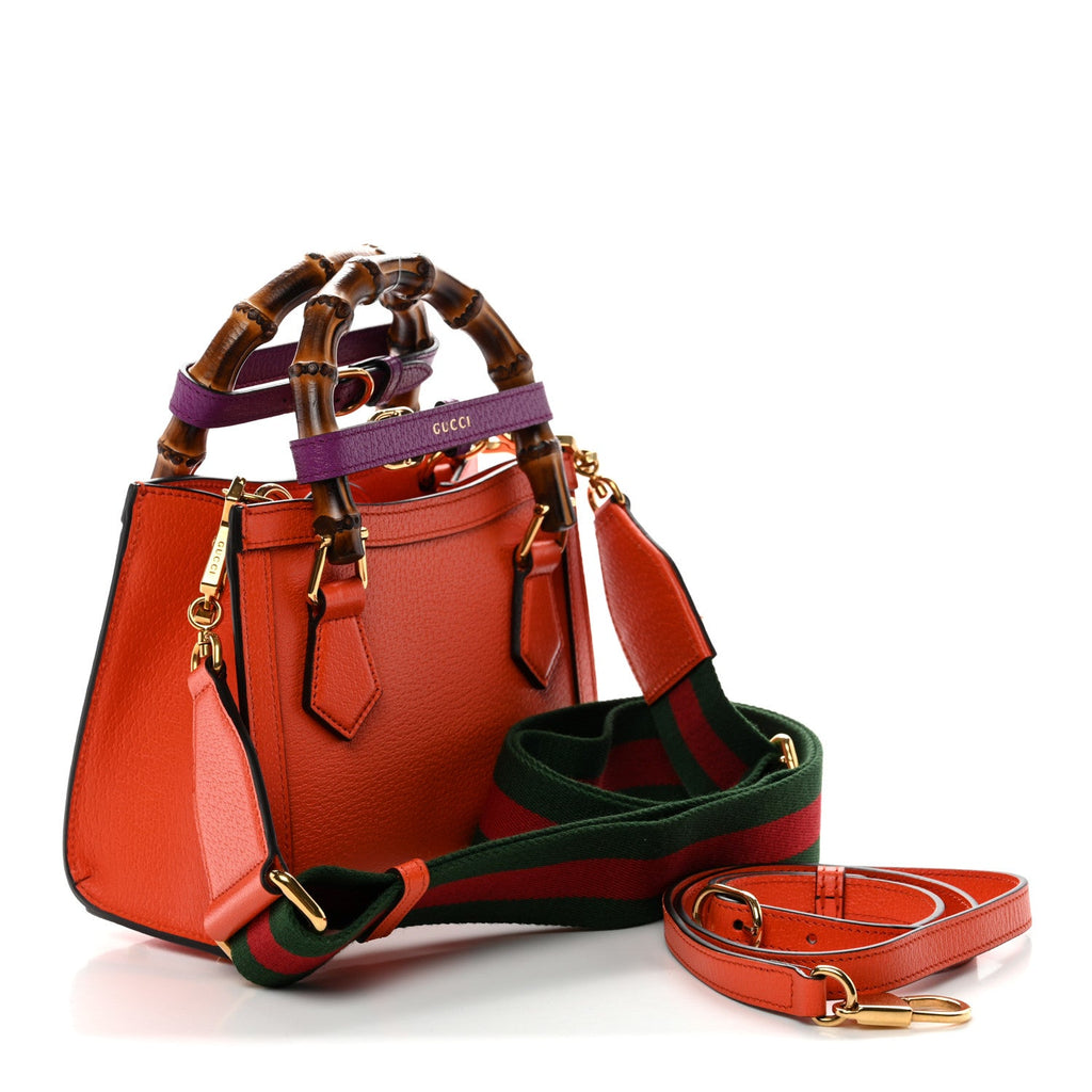Textured Dollar Calfskin Web Mini Diana Tote Bag Deep Orange Spicy Cyclamin