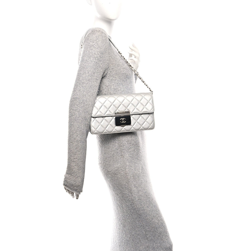 Metallic Sheepskin Quilted Small Beauty Lock Flap Silver