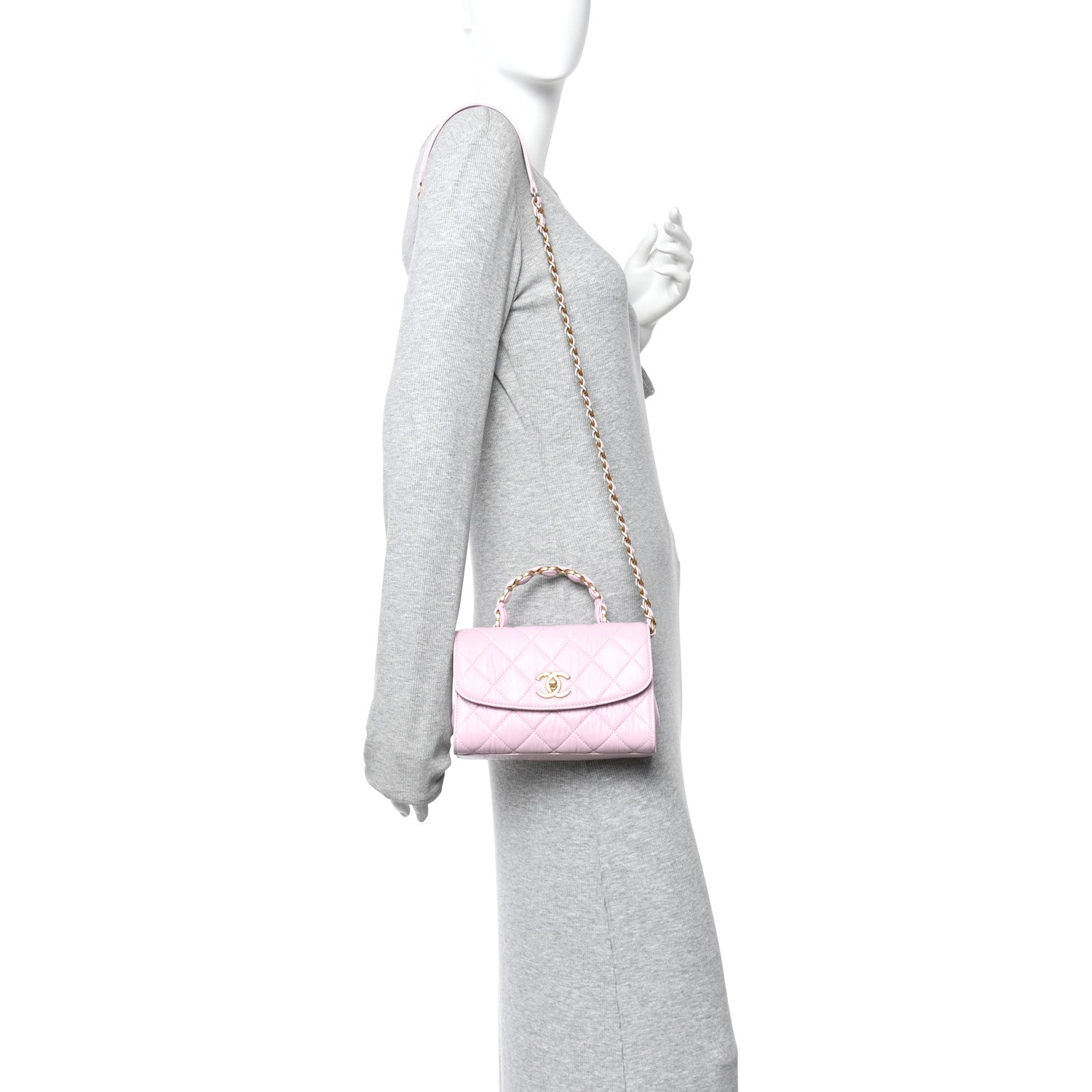 Crumpled Lambskin Quilted Mini CC Links Top Handle Flap Light Pink