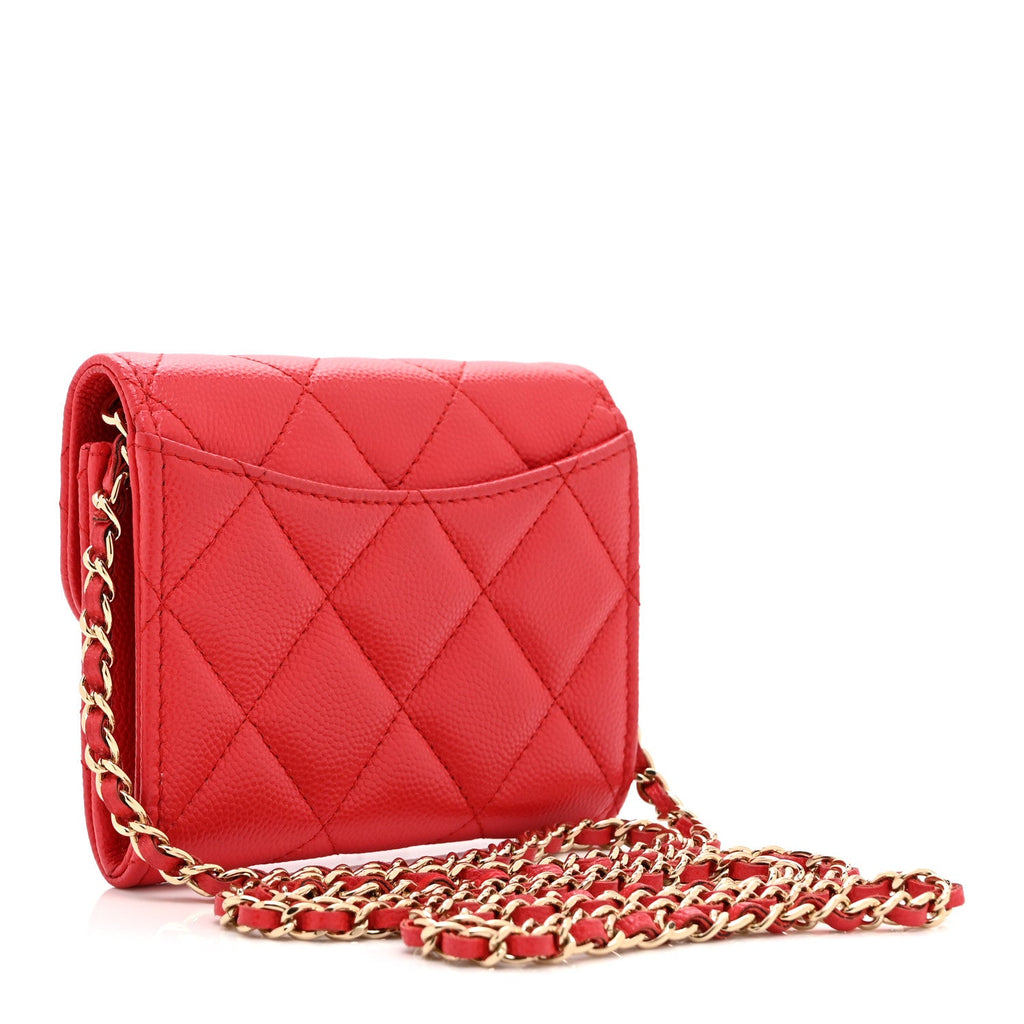 Caviar Quilted Flap  Holder On Chain Red