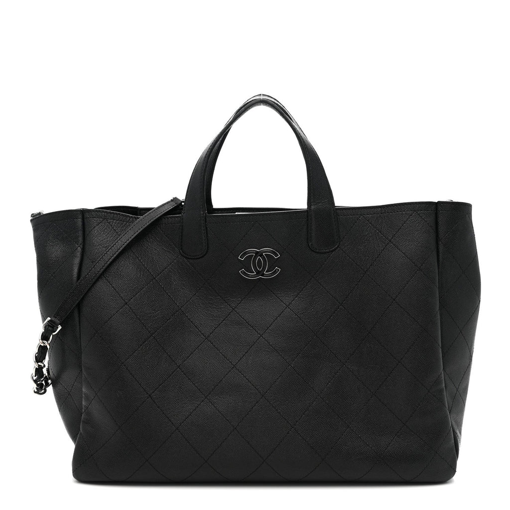 Caviar Stitched Large Lady Coco Shopping Tote Black