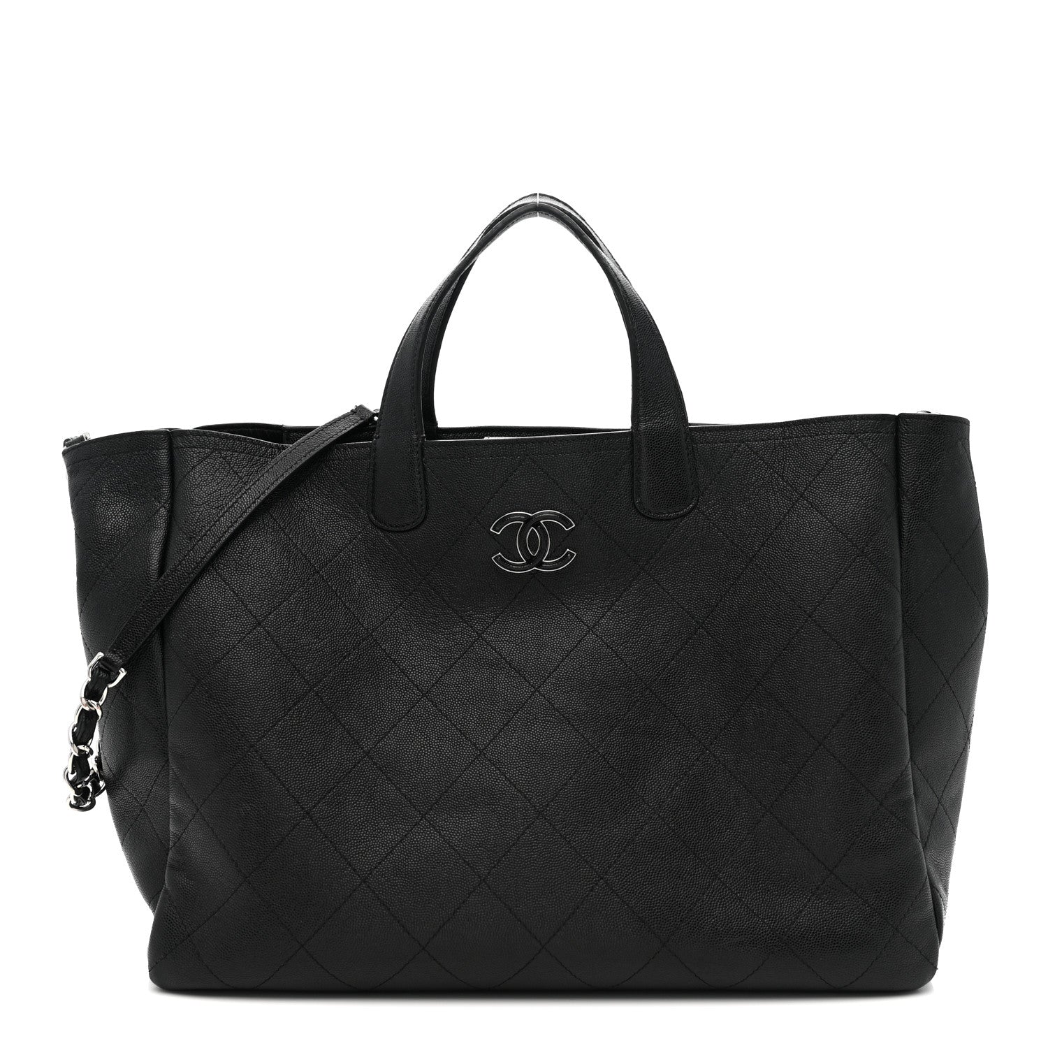 Caviar Stitched Large Lady Coco Shopping Tote Black