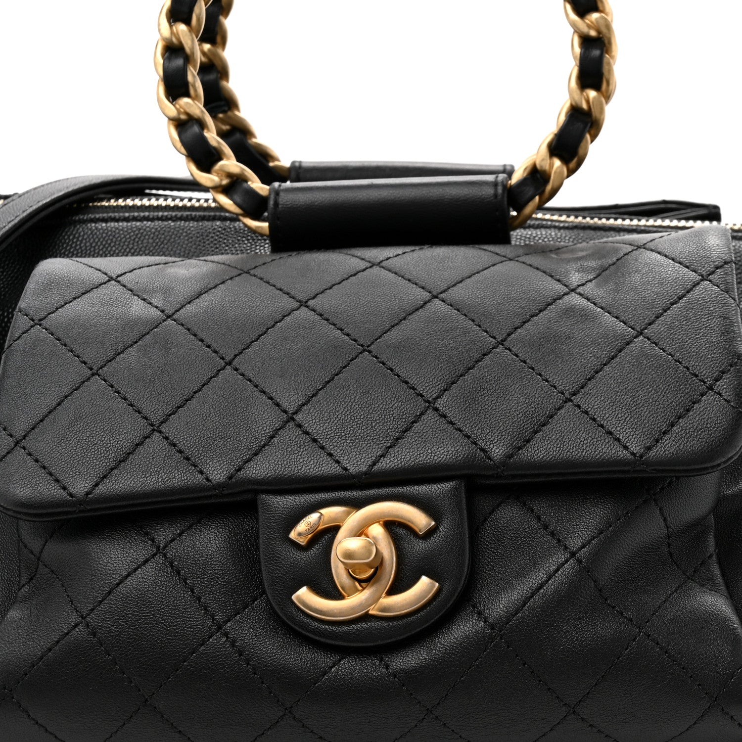 Grained Calfskin Lambskin Quilted Large Bowling Bag Black