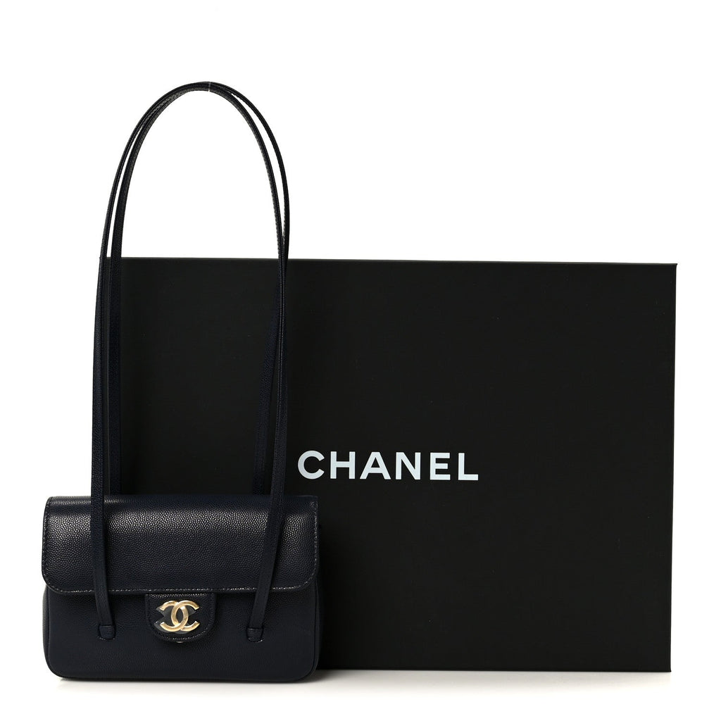 Shiny Caviar Mini Preppy Coco Shoulder Bag Dark Blue