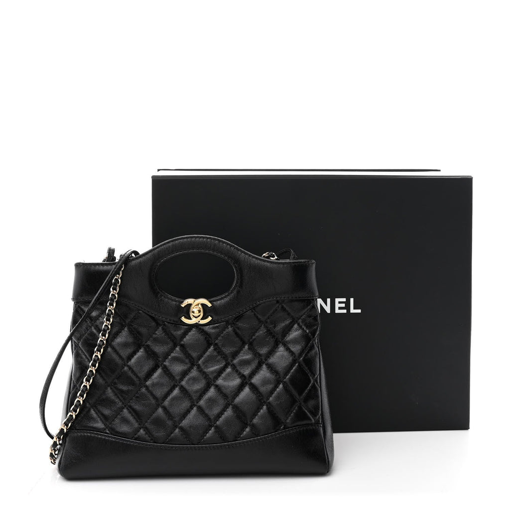 Shiny Crumpled Calfskin Quilted Mini 31 Shopping Bag Black