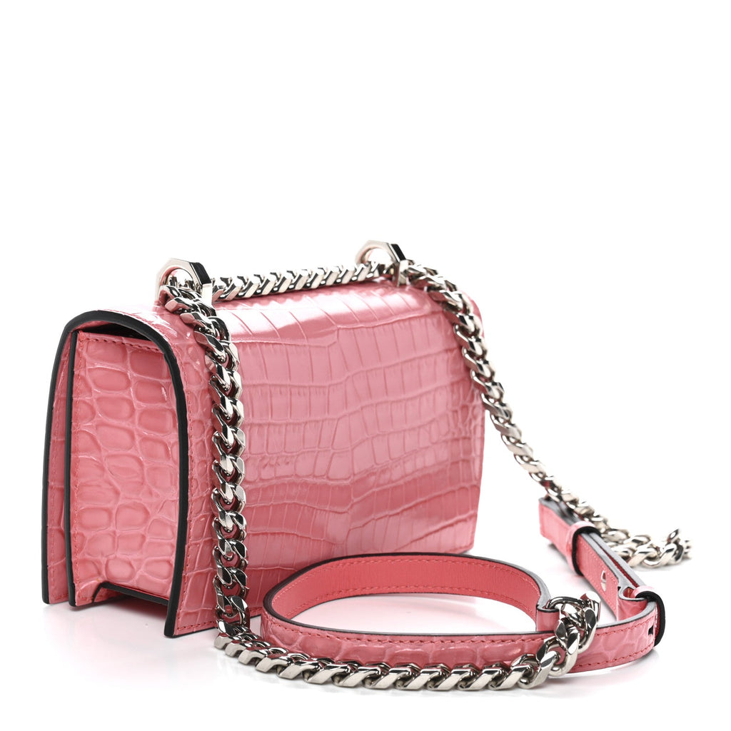 Calfskin Crocodile Embossed Mini Jeweled Knuckle Satchel Pink