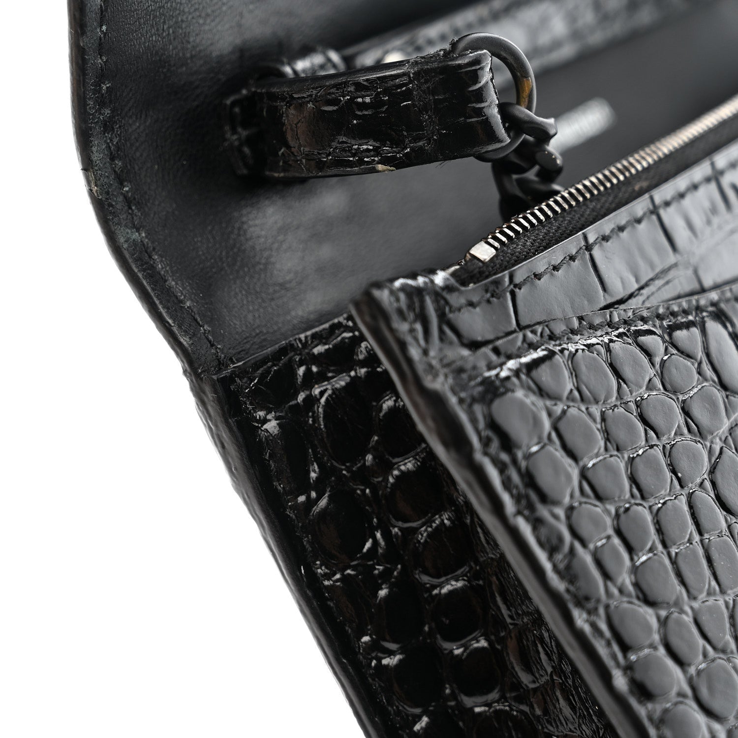 Shiny Calfskin Monochrome Crocodile Embossed Hourglass Chain Bag Black