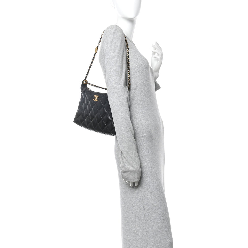 Shiny Lambskin Quilted CC Hobo Black