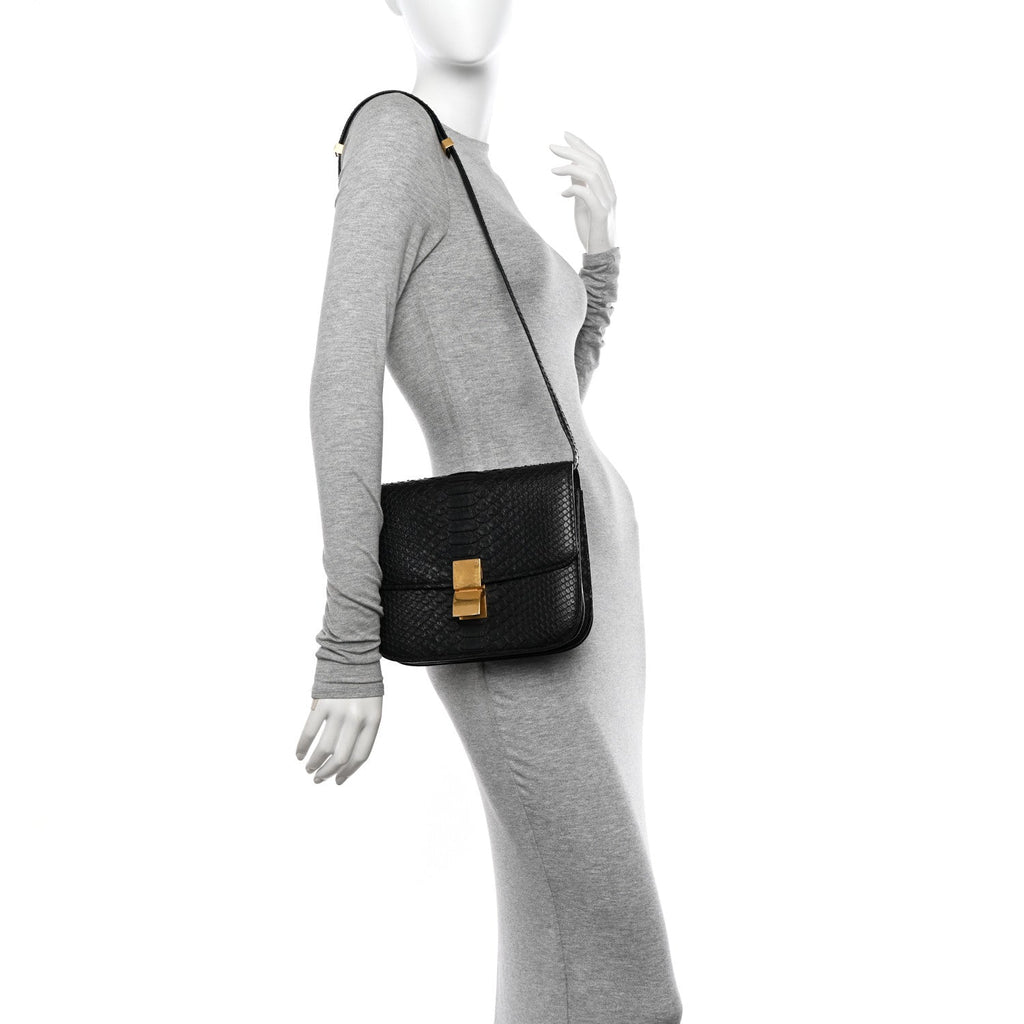 Snakeskin Medium Classic Box Flap Bag Black