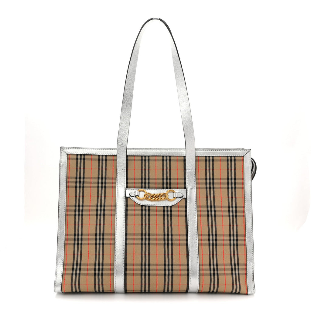 Metallic Calfskin 1983 Knight Check Link Zip Tote Silver