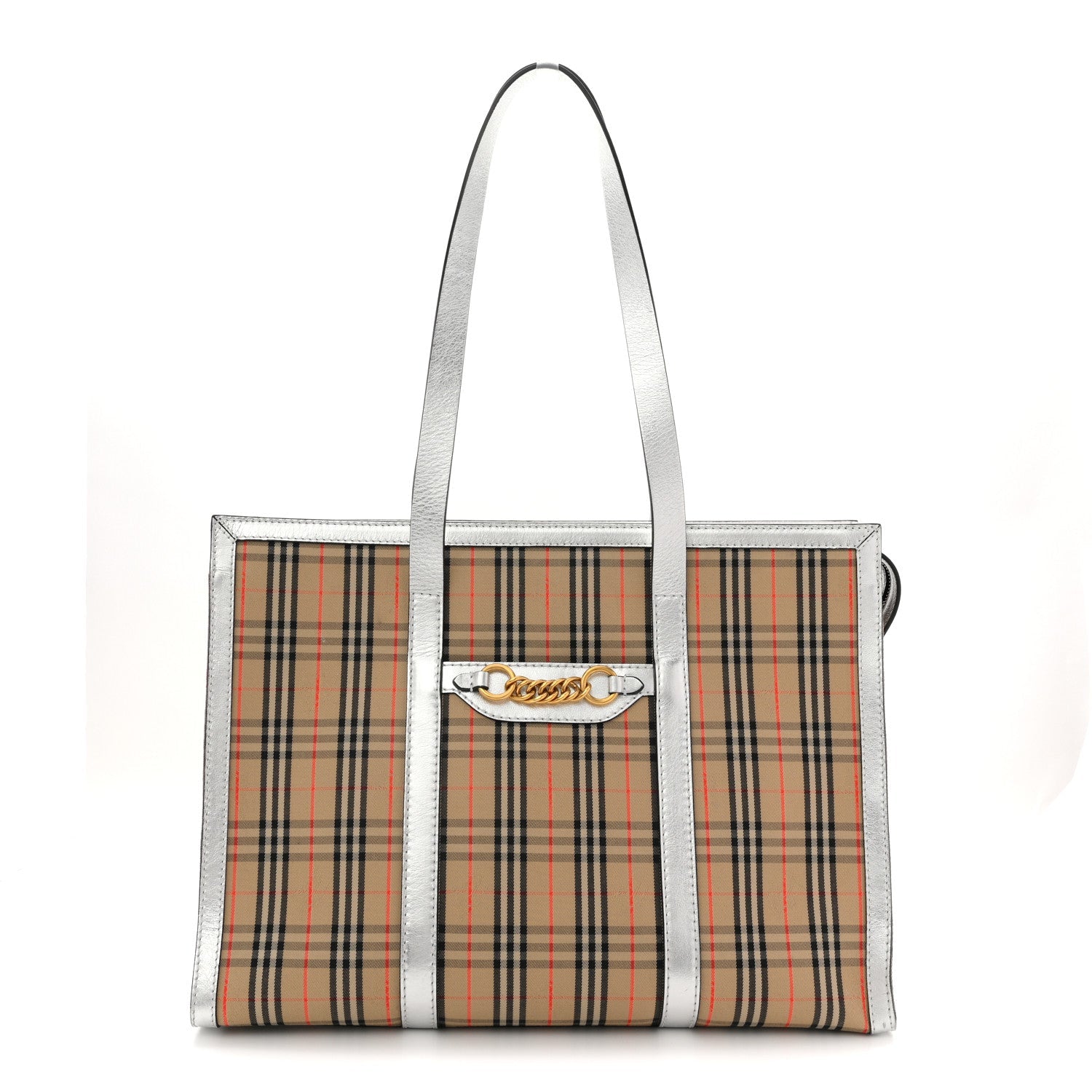 Metallic Calfskin 1983 Knight Check Link Zip Tote Silver