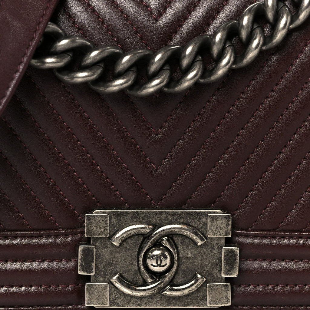 Calfskin Chevron Quilted Small Boy Flap Burgundy