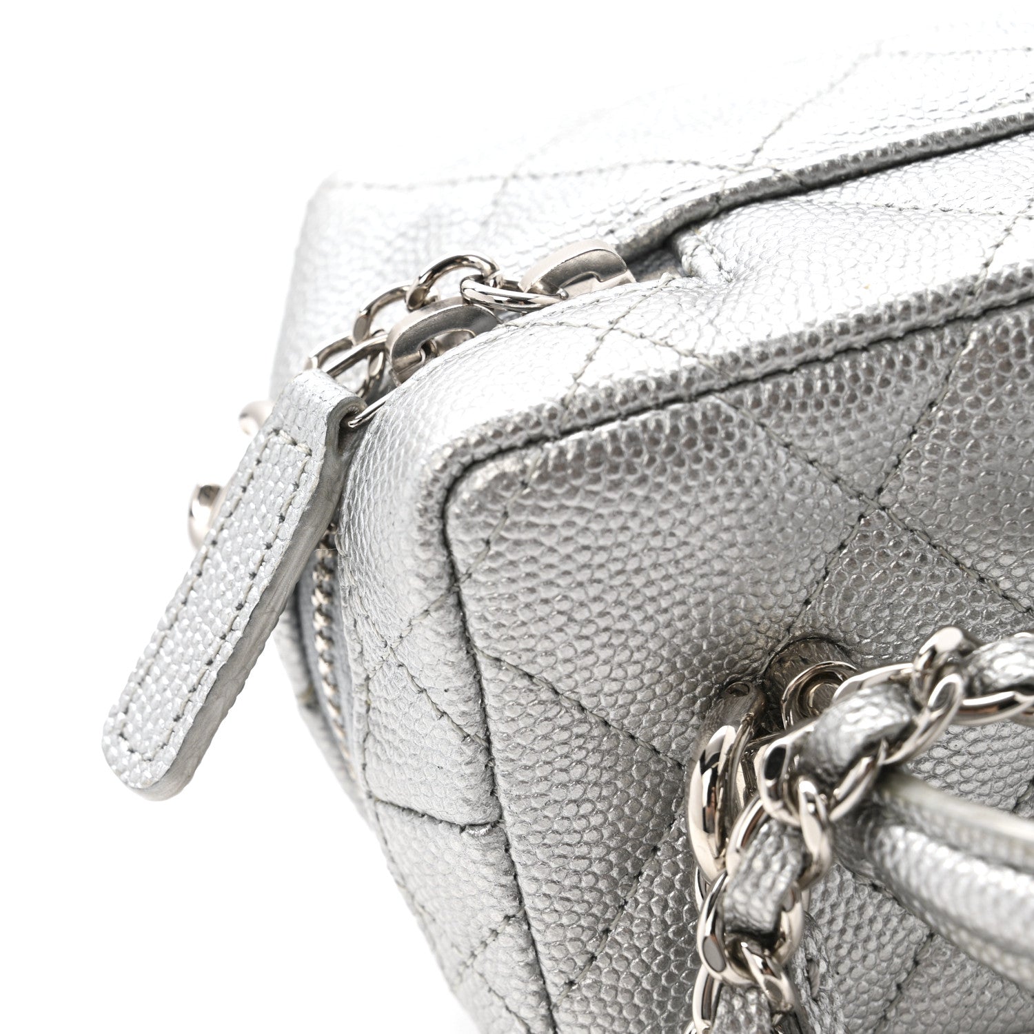 Metallic Caviar Quilted Mini Top Handle Vanity With Chain Silver