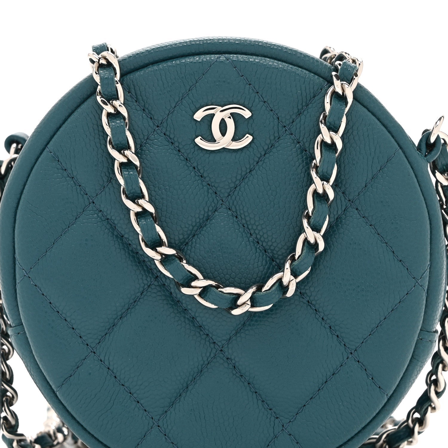 Caviar Quilted Round Clutch With Chain Green