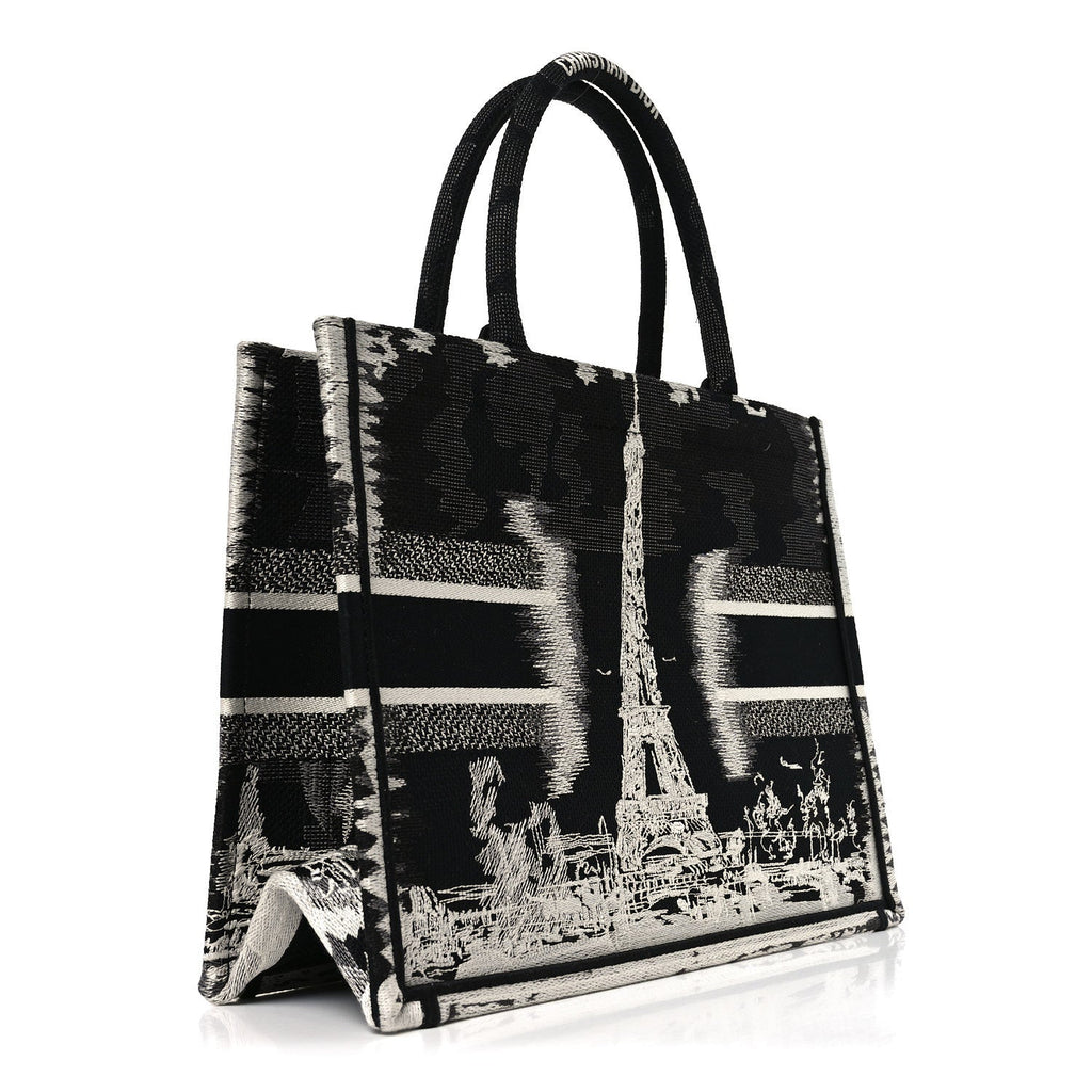 Canvas Embroidered Medium Paris Book Tote Black White