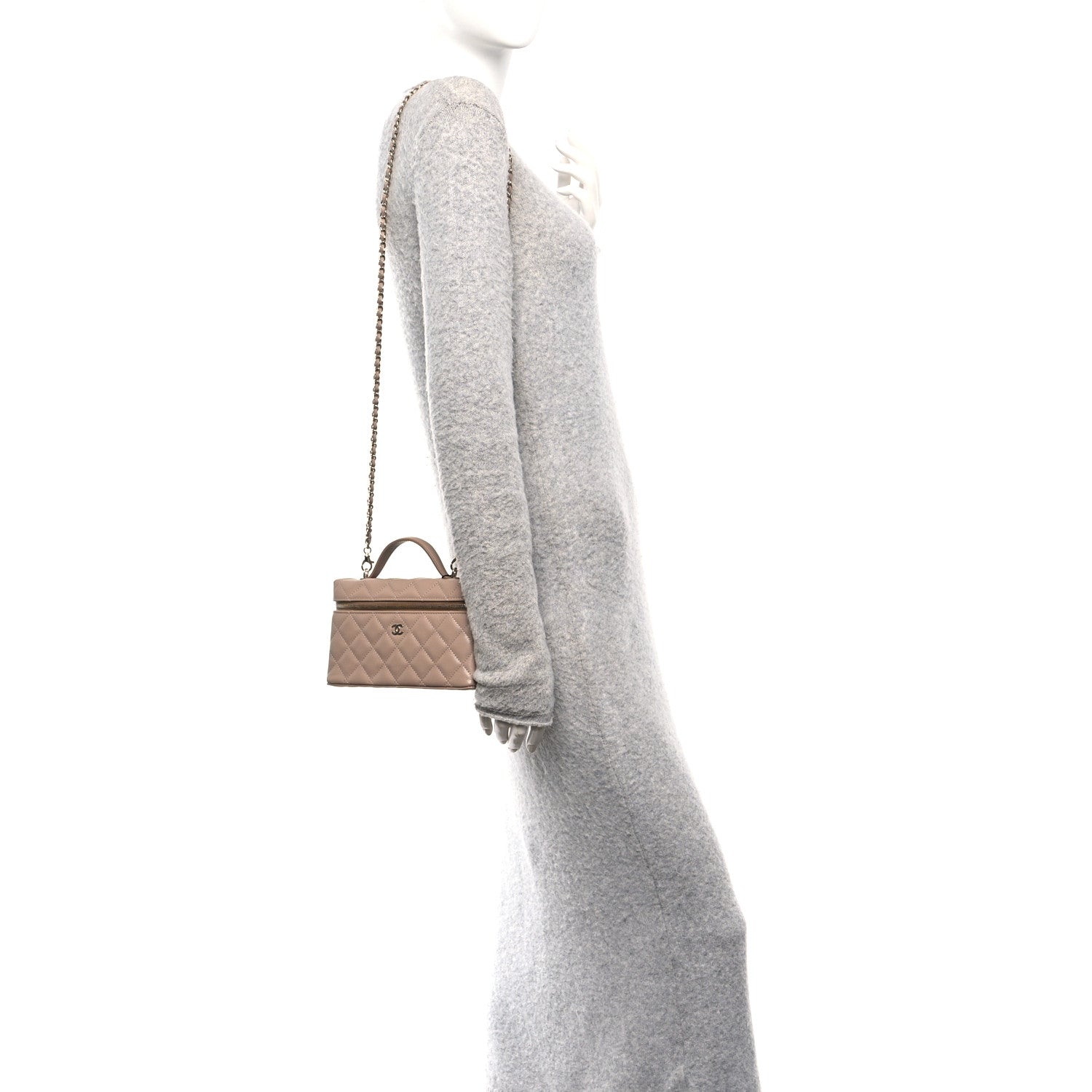 Caviar Quilted Top Handle Slim Vanity With Chain Dark Beige