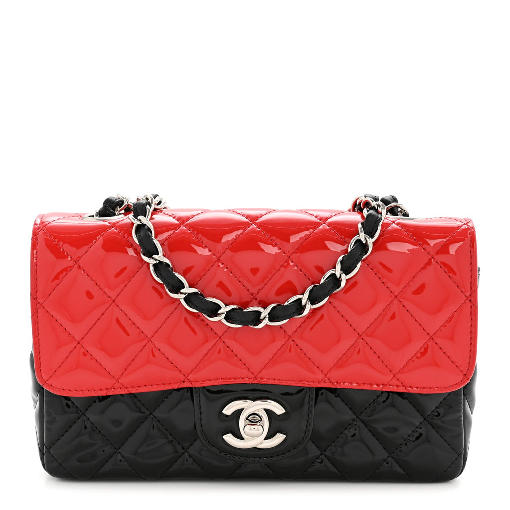 Patent Calfskin Quilted Bi-Color Mini Rectangular Flap Red Black