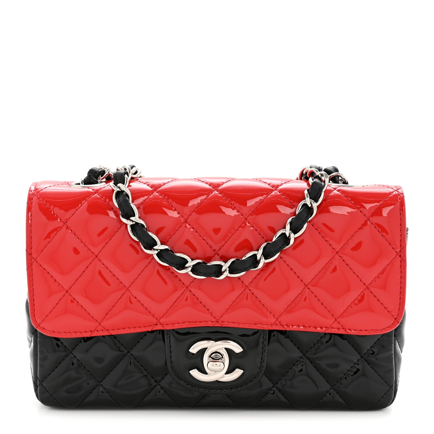 Patent Calfskin Quilted Bi-Color Mini Rectangular Flap Red Black