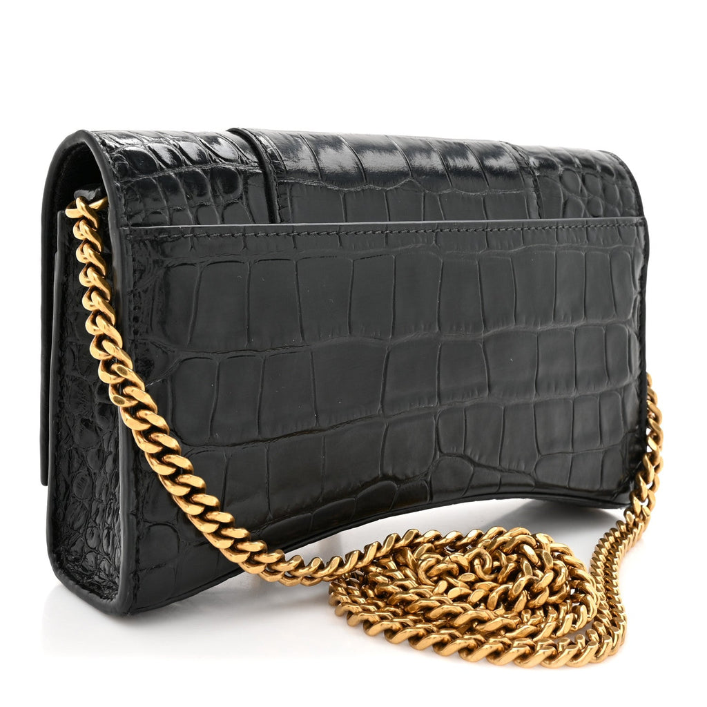 Shiny Calfskin Crocodile Embossed Hourglass Chain Bag Black