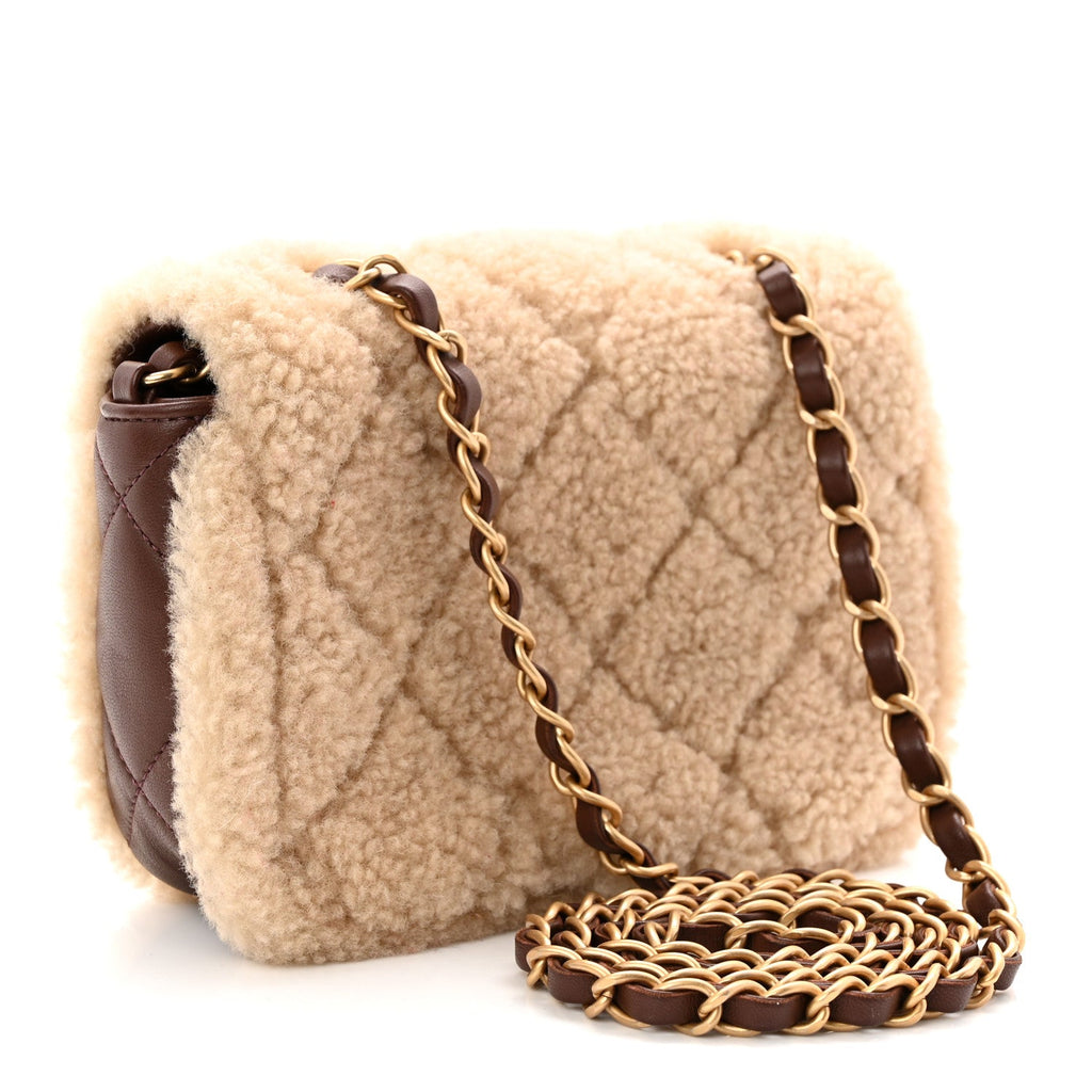 Shearling Lambskin Quilted Mini Furry Coco Flap Beige Dark Brown