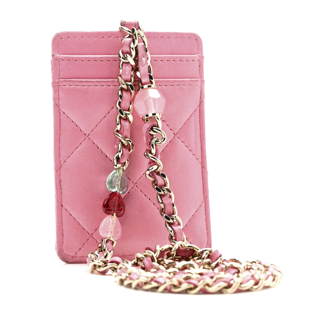 Lambskin Quilted Enamel Chanel  Holder On Chain Pink