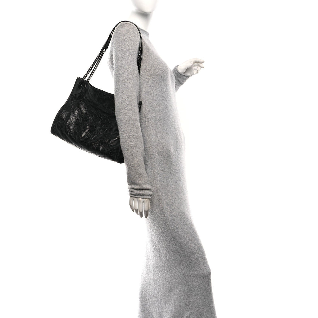 Crinkled Calfskin Matelasse Monogram Large Niki Shopper Tote Black