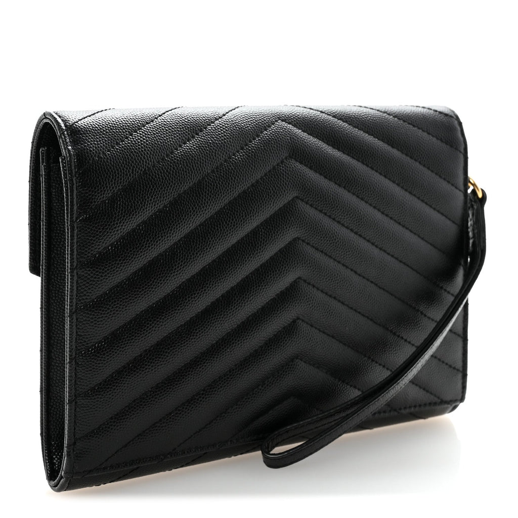 Grain De Poudre Matelasse Chevron Monogram Envelope Clutch Black