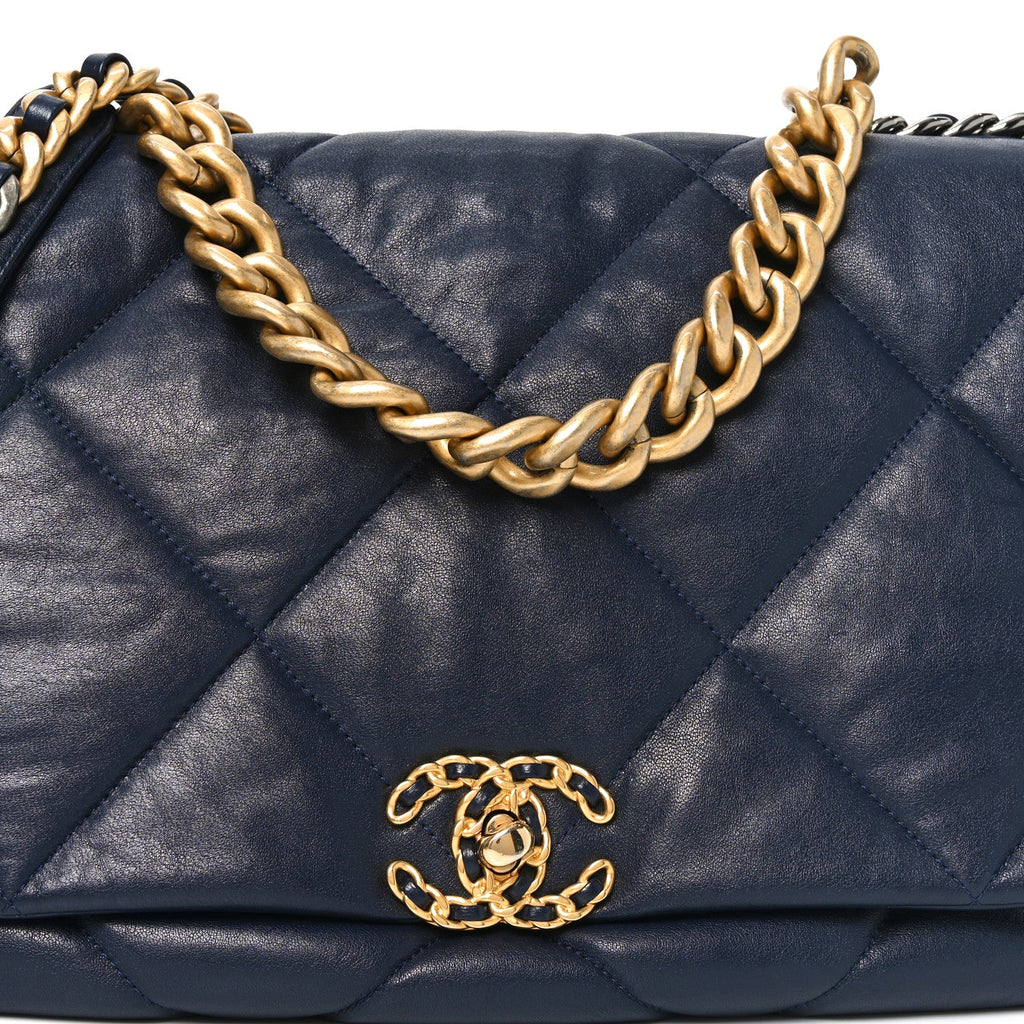 Goatskin Quilted Maxi Chanel 19 Flap Navy Blue