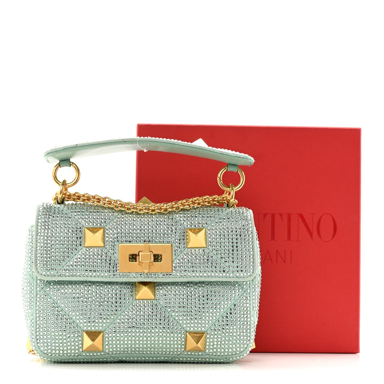 Crystal Suede Small Roman Stud Shoulder Bag Green