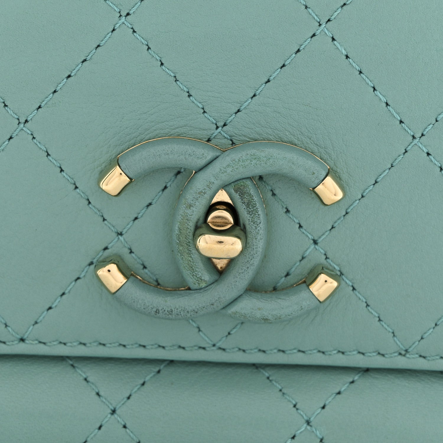 Calfskin Stitched Small Covered CC Flap Bag Green