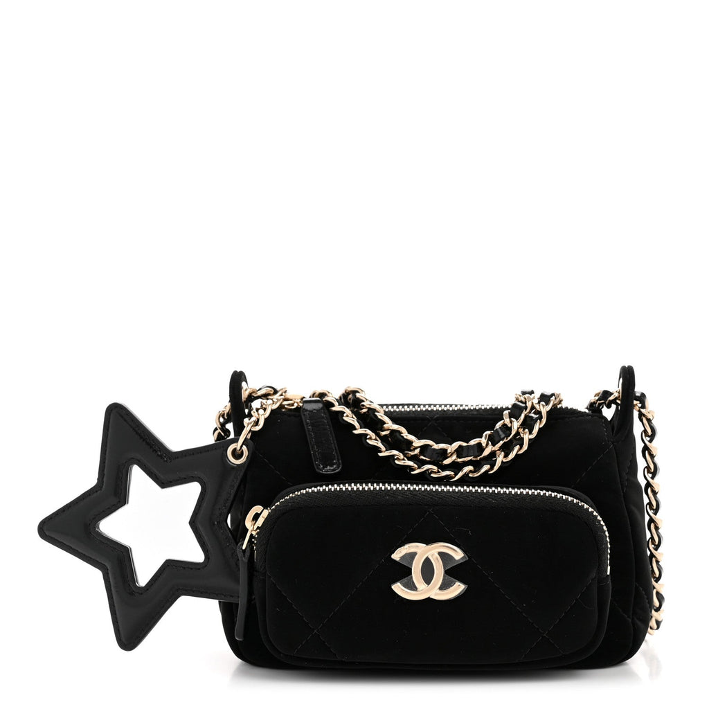 Velvet Effect Nylon Shiny Crumpled Calfskin Mini Quilted Chanel 25 Clutch With Chain Black