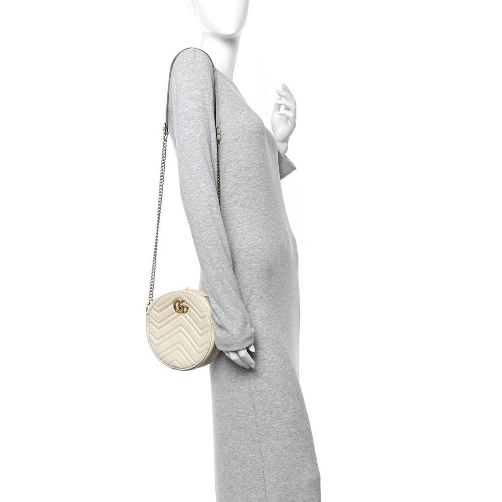 Calfskin Matelasse Mini GG Marmont Round Shoulder Bag White