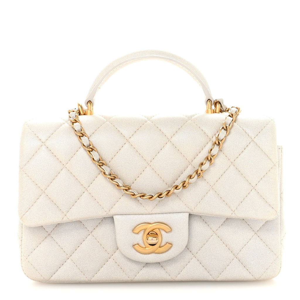 Iridescent Lambskin Quilted Mini Top Handle Rectangular Flap White