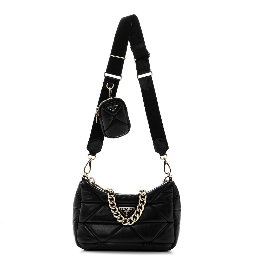Nappa Re-Nylon Triangle Quilted Patchwork System Shoulder Bag Black