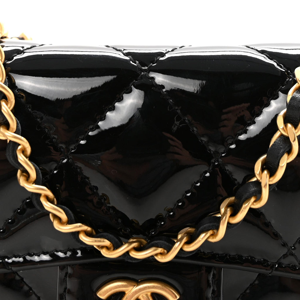 Patent Enamel Quilted Coco Hearts Clutch With Chain Black