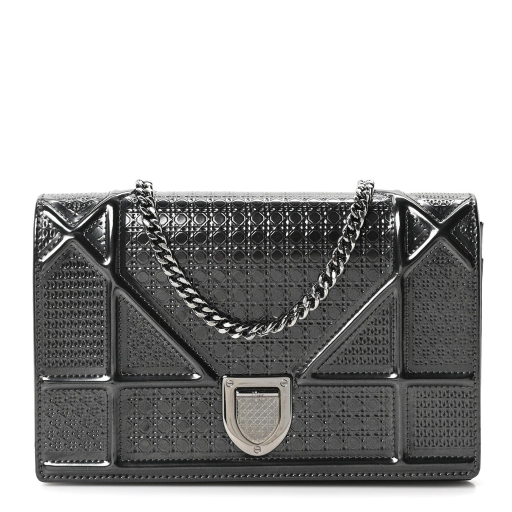 Metallic Patent Micro-Cannage Diorama Wallet on Chain Pouch Onyx Black