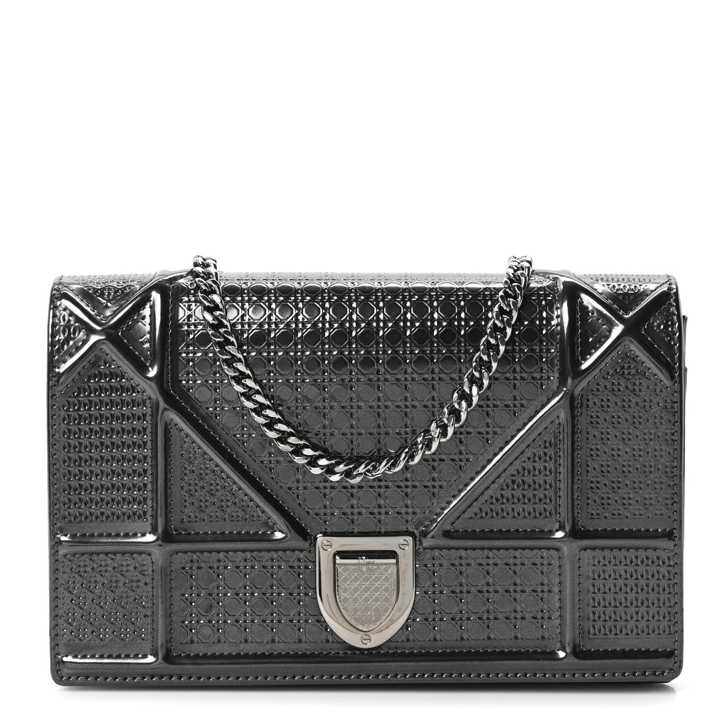 Metallic Patent Micro-Cannage Diorama Wallet on Chain Pouch Onyx Black