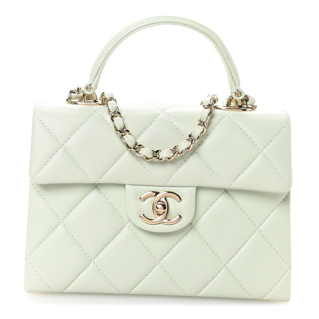 Caviar Quilted Retro Medium Twist Top Handle Clutch Light Green