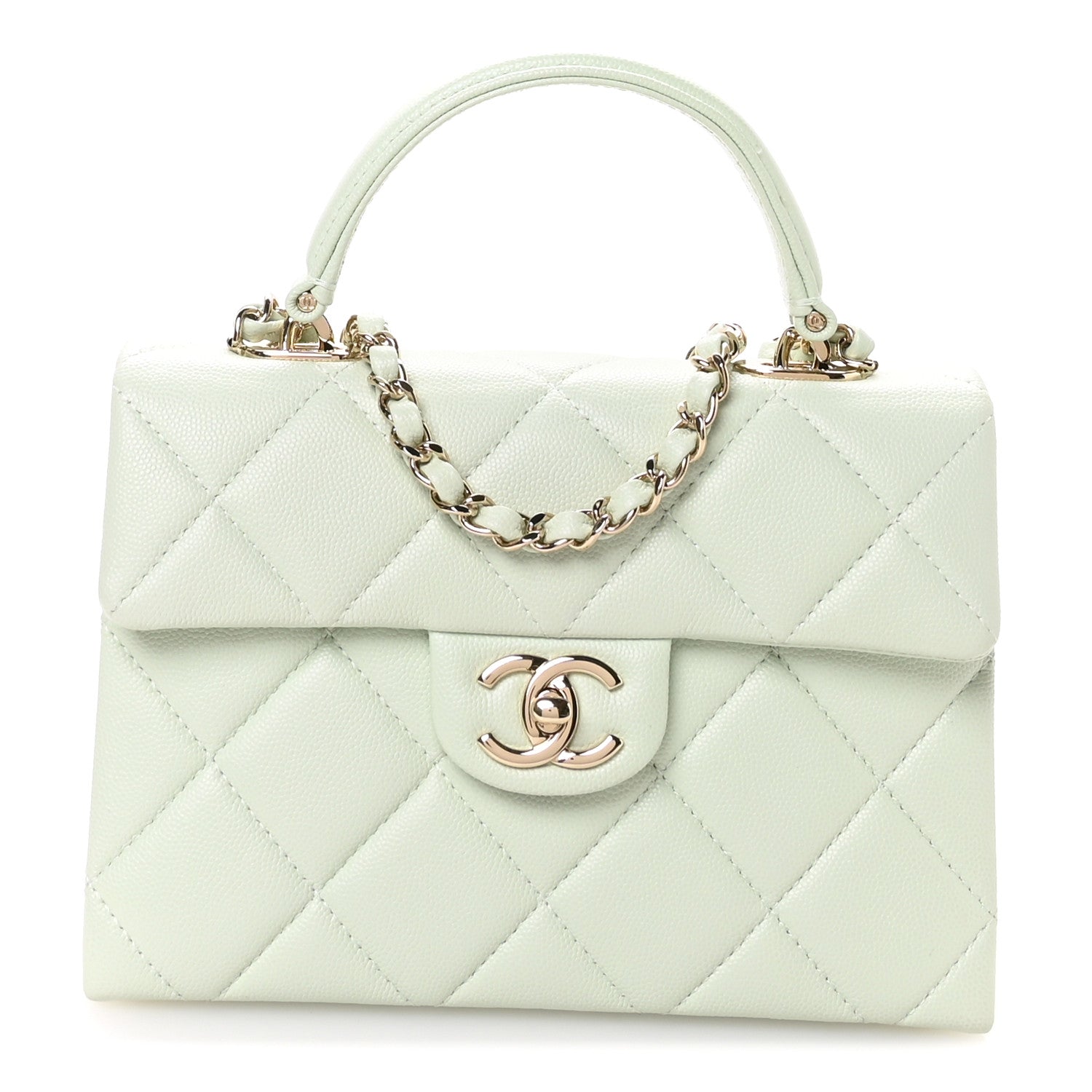 Caviar Quilted Retro Medium Twist Top Handle Clutch Light Green