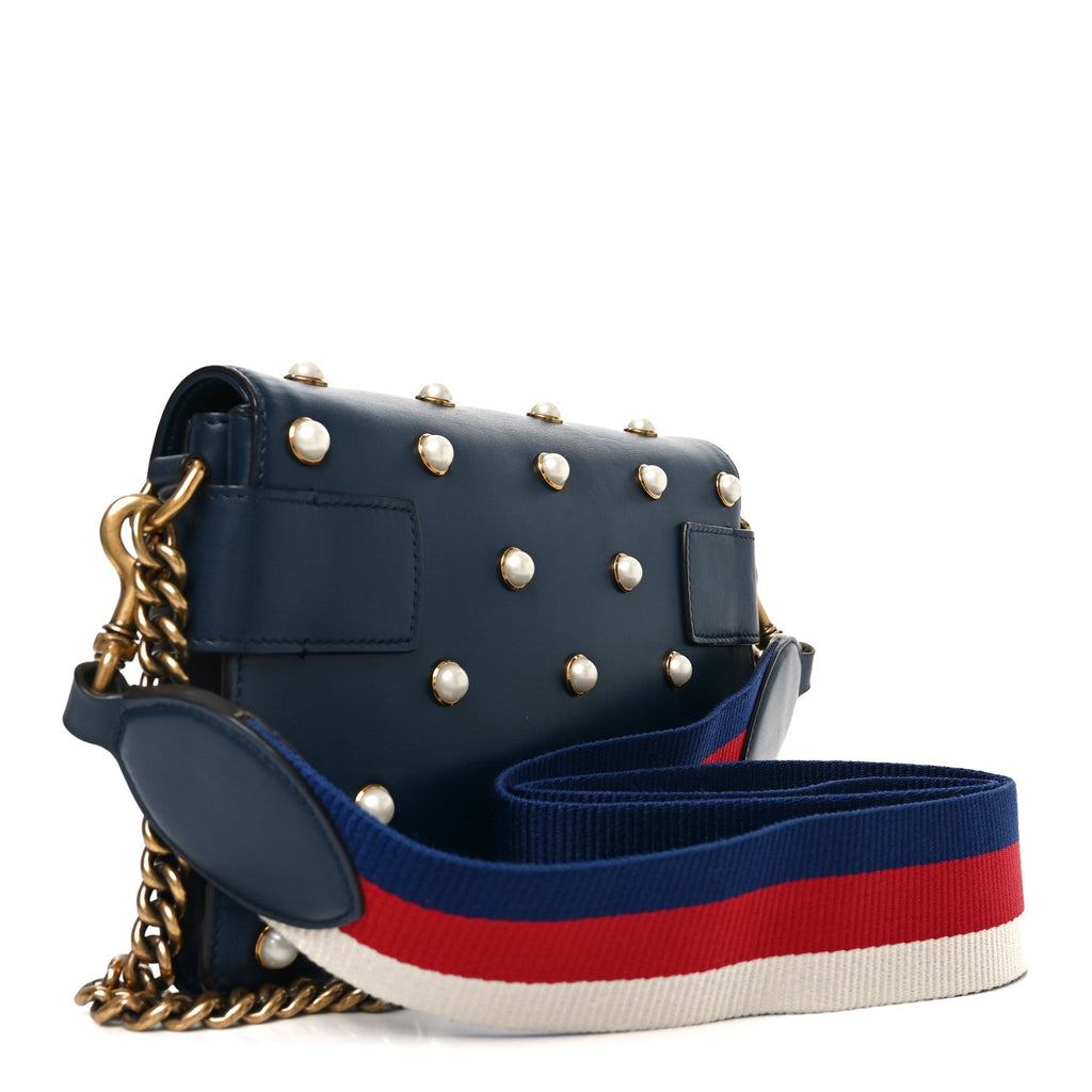 Nappa Pearl Studded Mini Queen Margaret Broadway Shoulder Bag Blue Agata